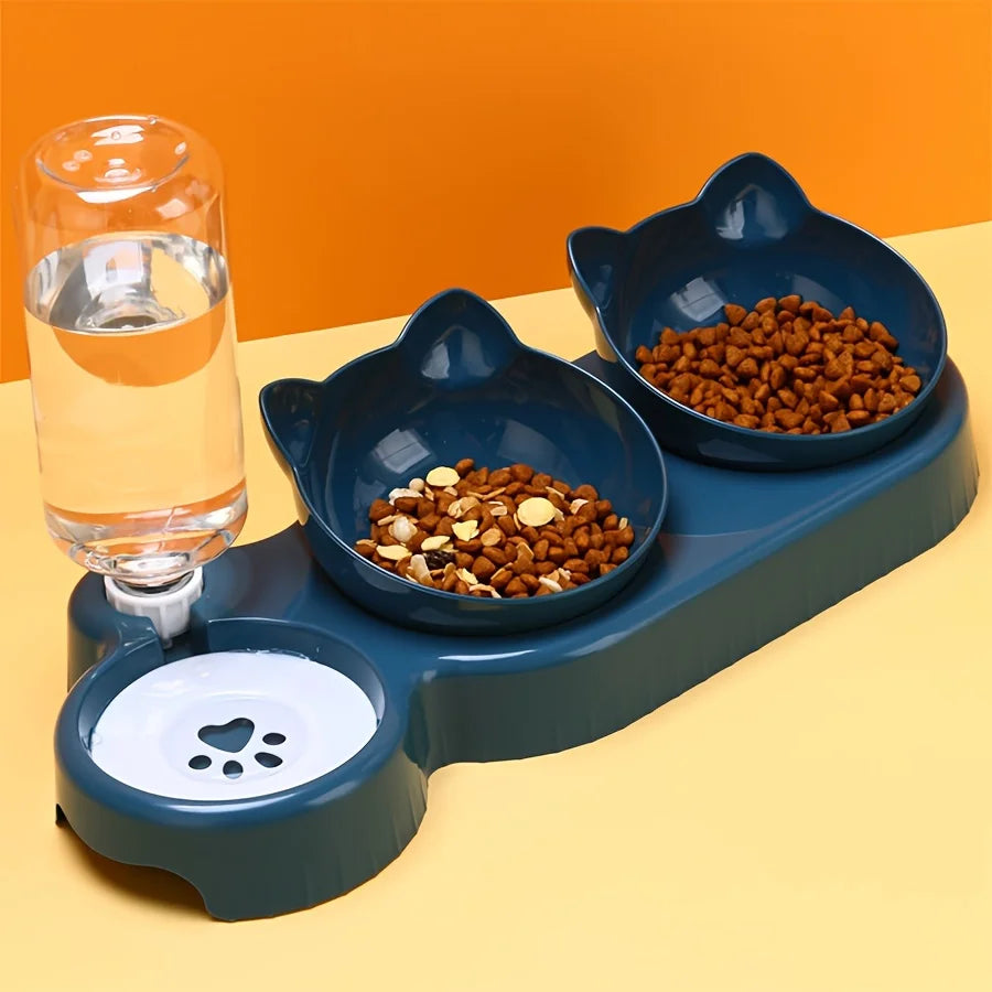 3-in-1 Elevated Cat & Dog Bowls with Water Feeder | Tilted Pet Bowl Set