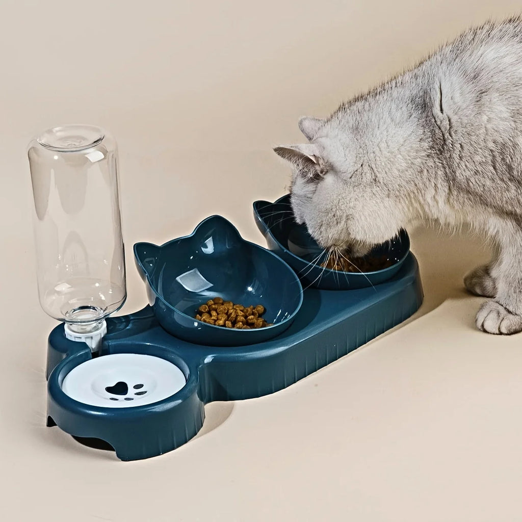 3-in-1 Elevated Cat & Dog Bowls with Water Feeder | Tilted Pet Bowl Set